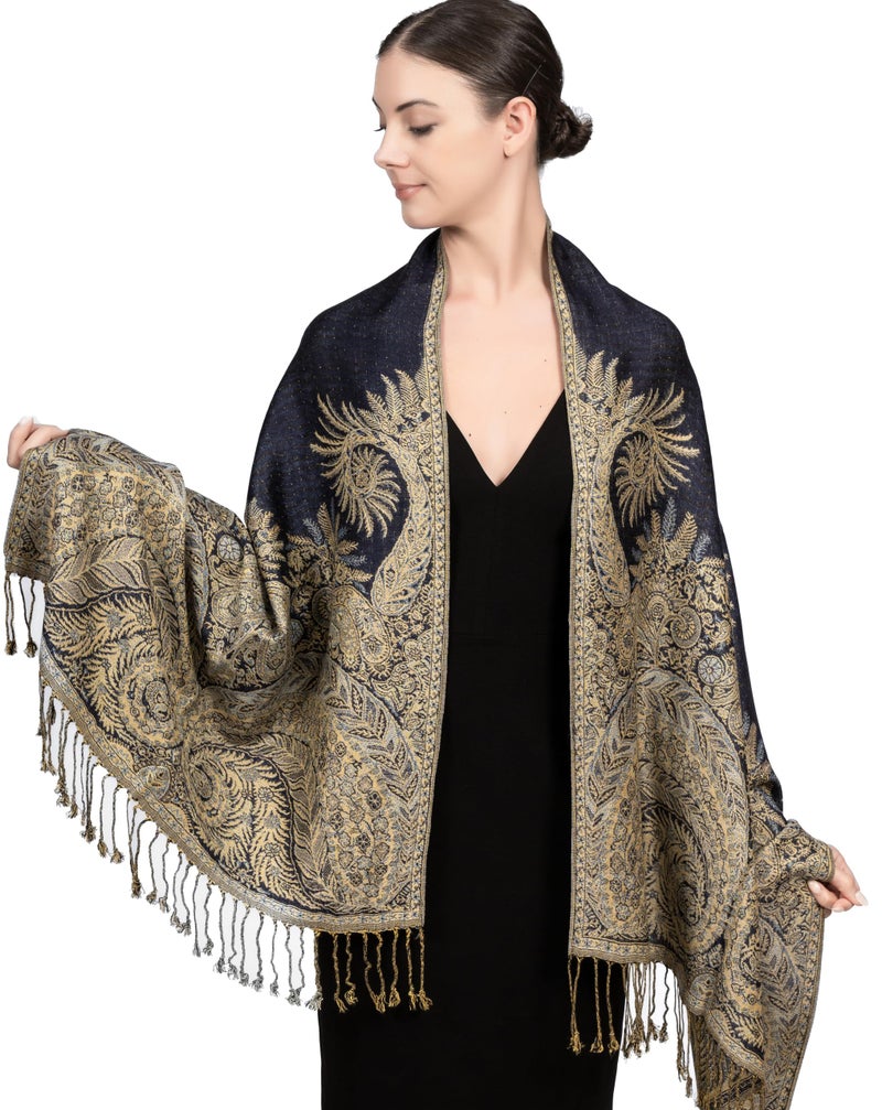 Achillea Soft Silky Reversible Paisley Pashmina Shawl Wrap Scarf w/Fringes (Big Paisley Navy) - Image 1